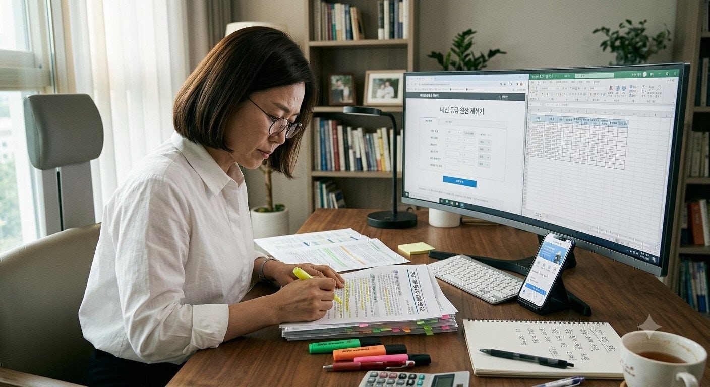 수시 원서 접수 전 대학별 모집 요강과 내신 산출 점수를 정밀하게 체크하는 학부모의 모습