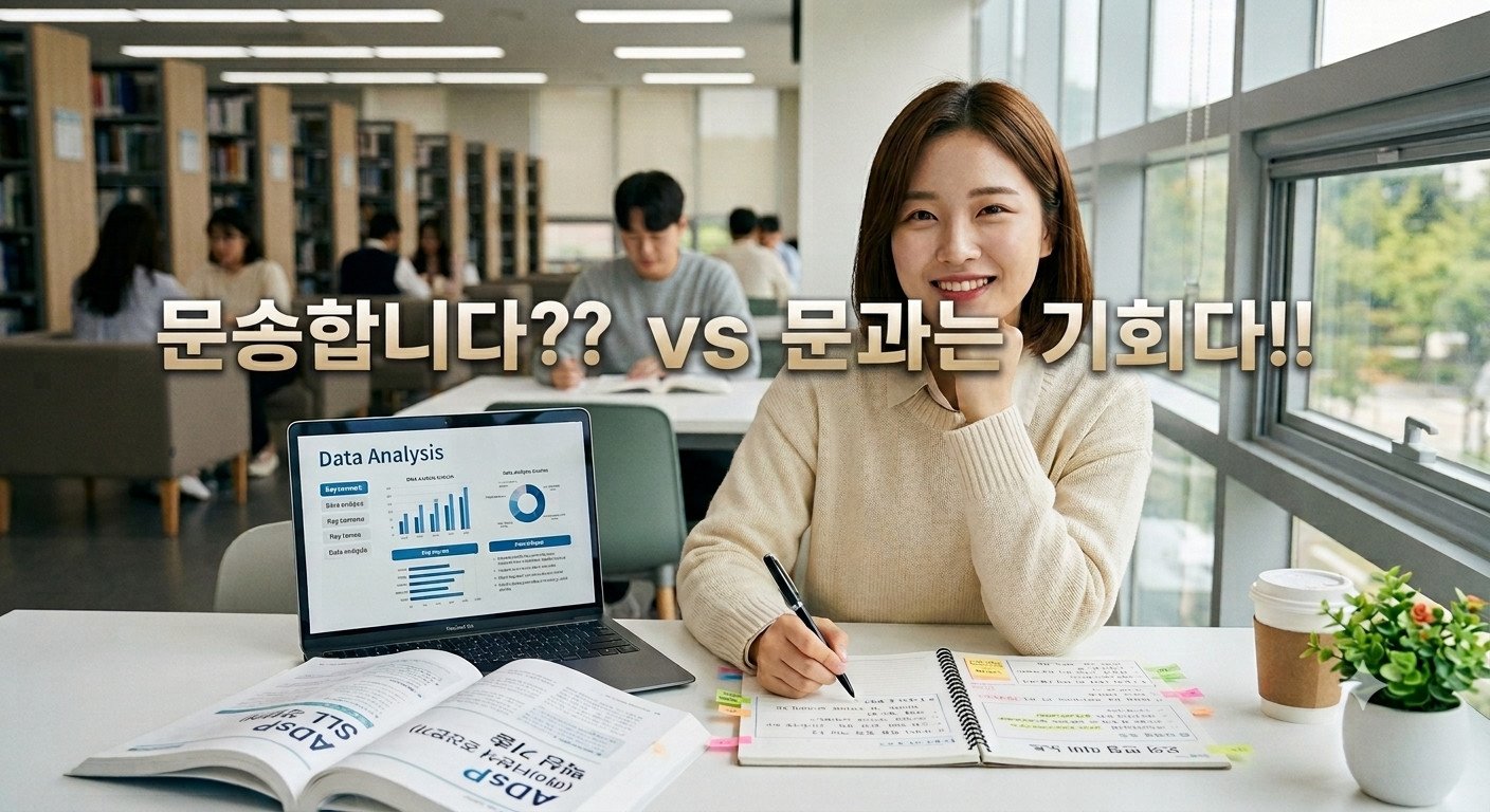 문과 취업률을 높이기 위해 데이터 분석 자격증과 어학 스펙을 공부하는 대학생의 모습
