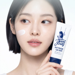 투엔티영 마일드 수분 선크림 2개 세트와 촉촉한 수분 텍스처를 보여주는 화장품 리뷰 이미지
