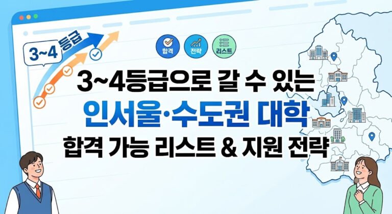 3~4등급 내신 수험생을 위한 인서울 및 수도권 대학 합격 가능 리스트와 수시 6카드 지원 전략을 정리한 인포그래픽 이미지