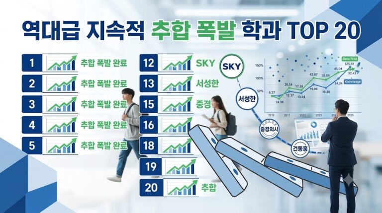 10년 넘게 지속적으로 충원율이 폭발한 수도권 상위 대학 학과 TOP 20 데이터 분석 인포그래픽