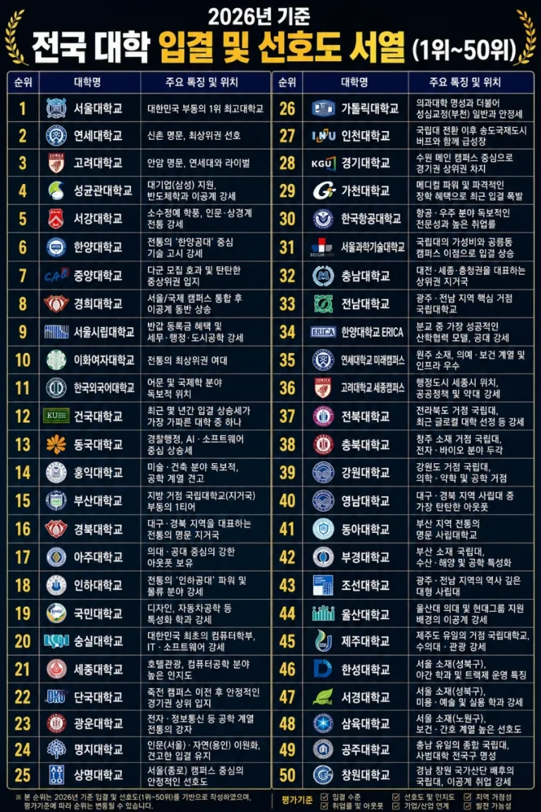 2026년 전국 대학 입결 및 선호도 서열 1위부터 50위 분석 표