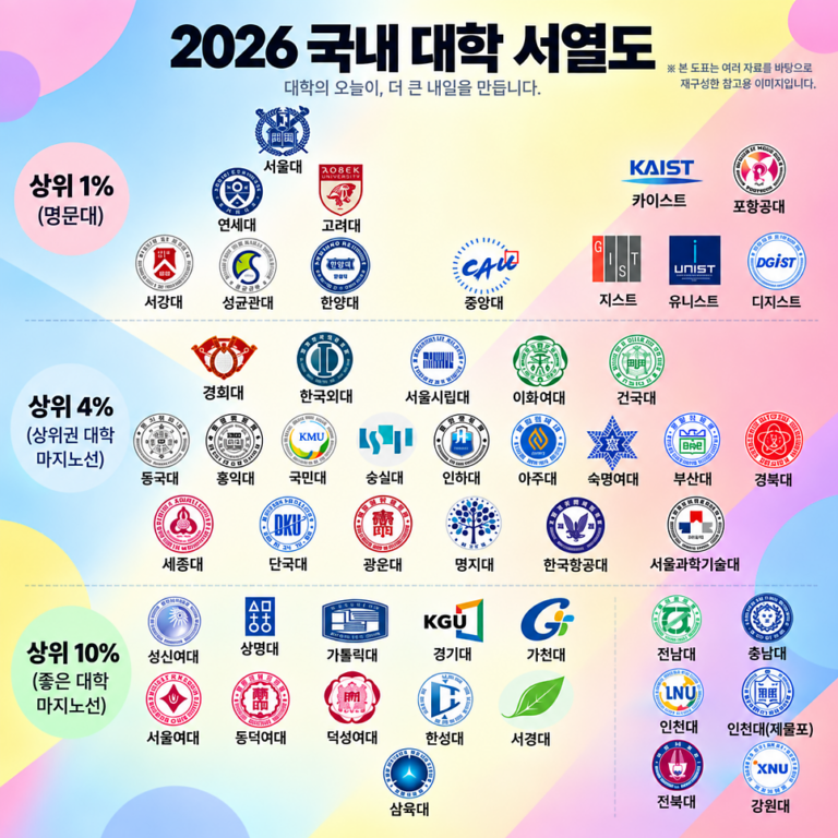 2026 국내 대학 서열도와 THE 세계대학평가 랭킹 비교 인포그래픽