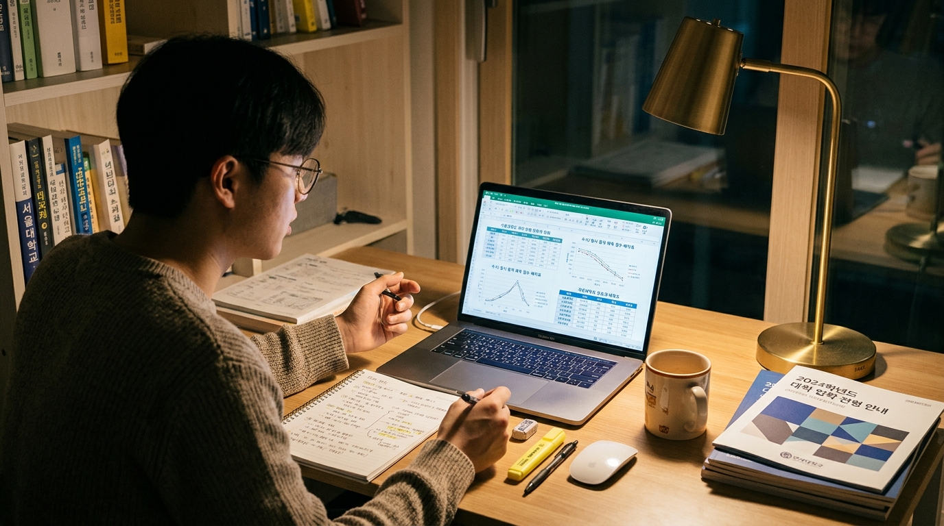 수능 성적표와 입시 자료를 바탕으로 정시 지원 전략을 세우는 수험생의 모습