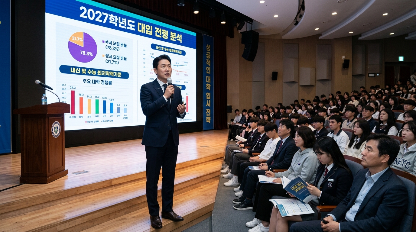 2027학년도 대입 전형 분석 및 대학 서열 지원 전략을 발표하는 대입 설명회 현장과 경청하는 수험생들