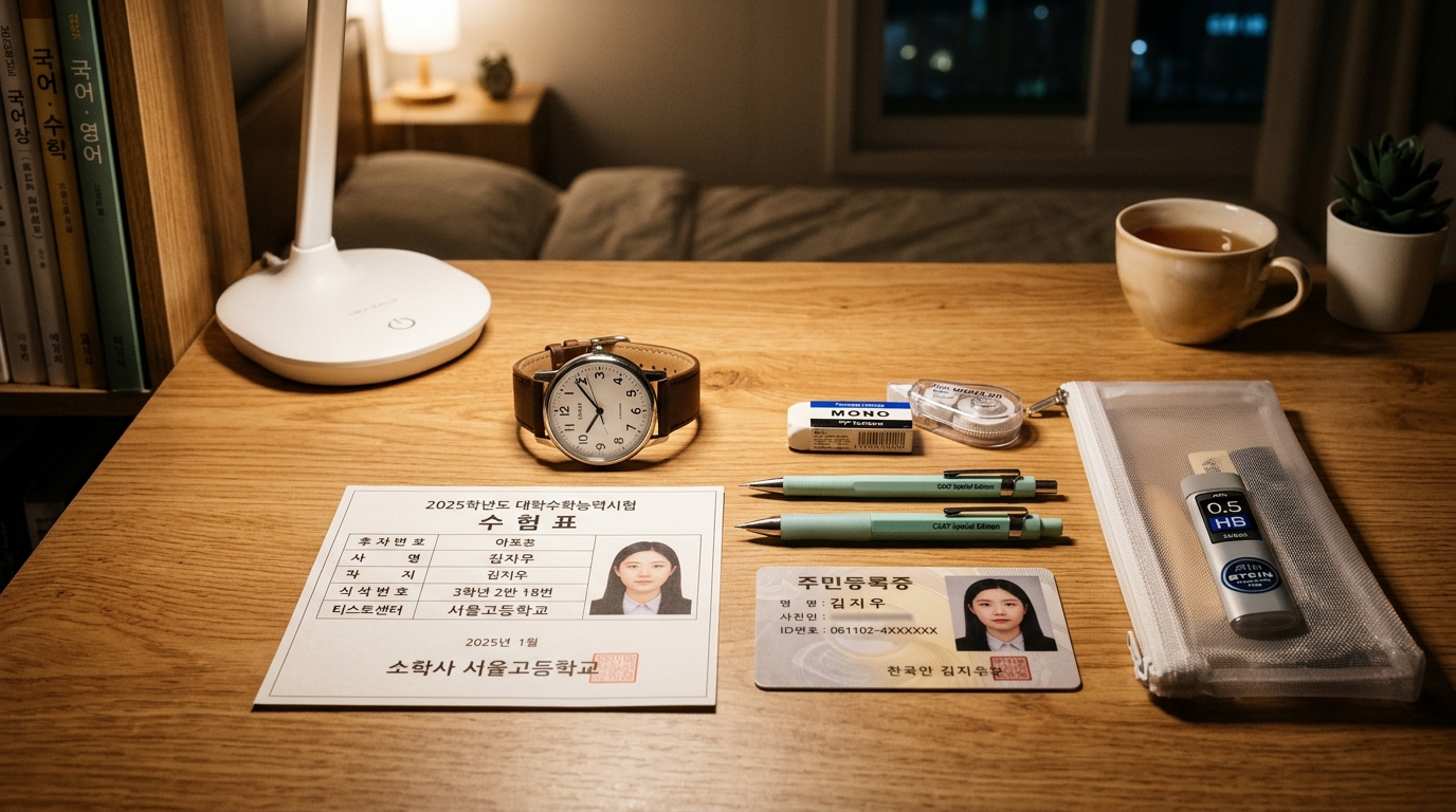 수능 전날 책상 위 필수 지참물 및 신분증 수험표 아날로그 시계 세팅