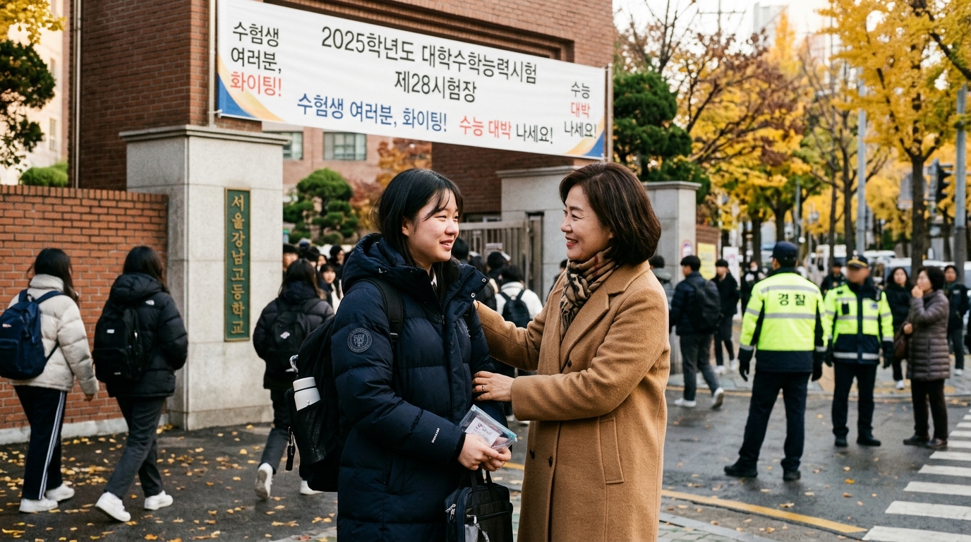 수능 시험장 입실 아침 수험생과 학부모의 따뜻한 응원