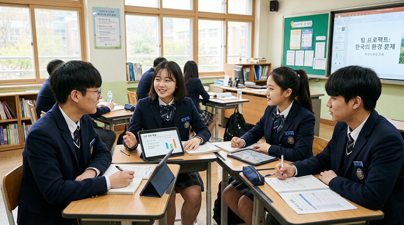 고등학교 1학년 입학 후 3월과 4월에 몰아치는 수행평가와 모둠 탐구 발표를 진행하는 고교생들