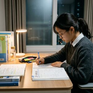 예비고1 준비를 위해 중3 겨울방학 학습 플래너와 고교 교재를 점검하며 몰입하는 중학교 3학년 학생