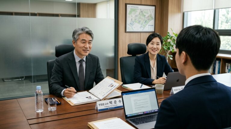 대학 입학사정관 면접관들이 수험생의 서류와 역량을 평가하고 있는 대입 수시 면접 고사장 모습