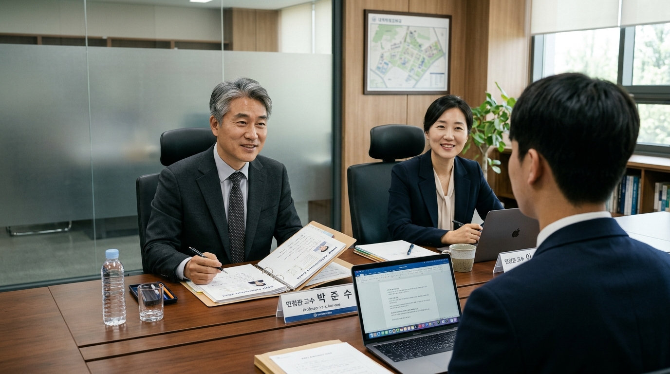 대학 입학사정관 면접관들이 수험생의 서류와 역량을 평가하고 있는 대입 수시 면접 고사장 모습
