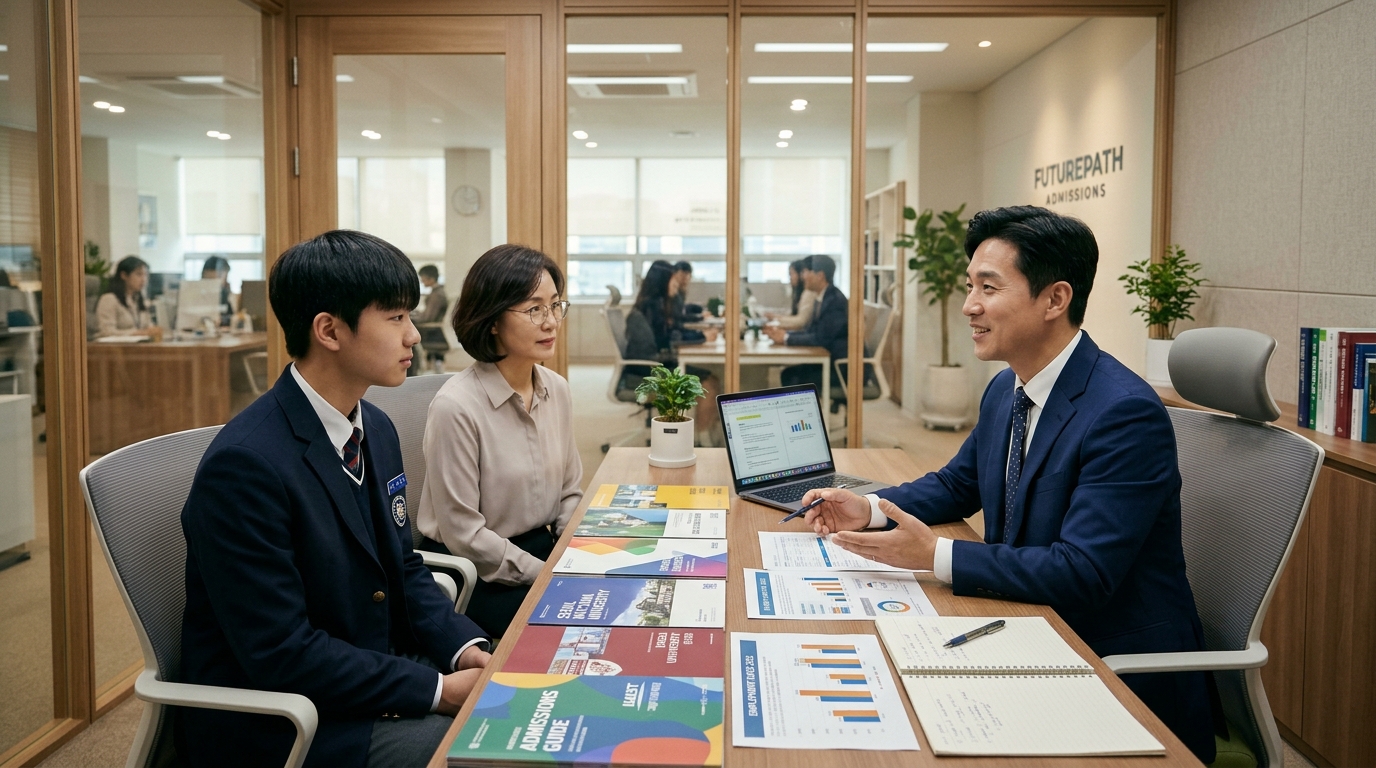 입시 전문가와 학부모가 대학 취업률과 입학 통계를 상담하는 장면